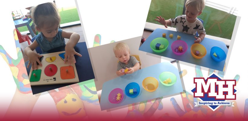 Pre-School: Rainbow class is learning to name, recognise and sort shapes and colours.