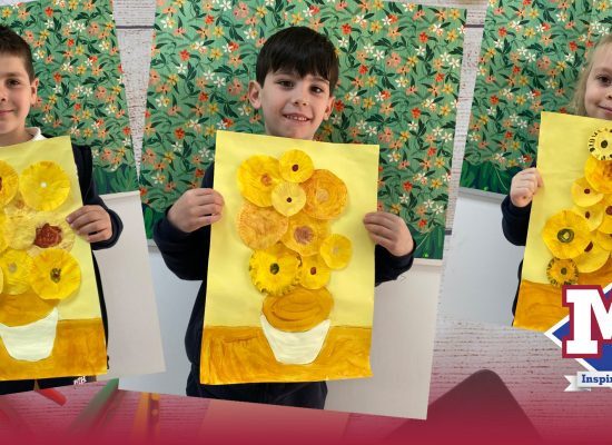 Pre-School: Pre primary A – Van Gogh’s “Sunflowers” 1988 – The children participated in a museum-type observation and dialogue about Van Gogh’s “Sunflowers” painting. They recreated their own version of the famous painting.🌻🌻